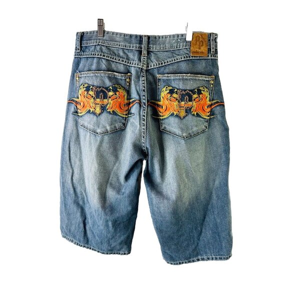 Vintage Y2K Baggy Faded Embroidered Jean Shorts Jorts Hip Hop Skater